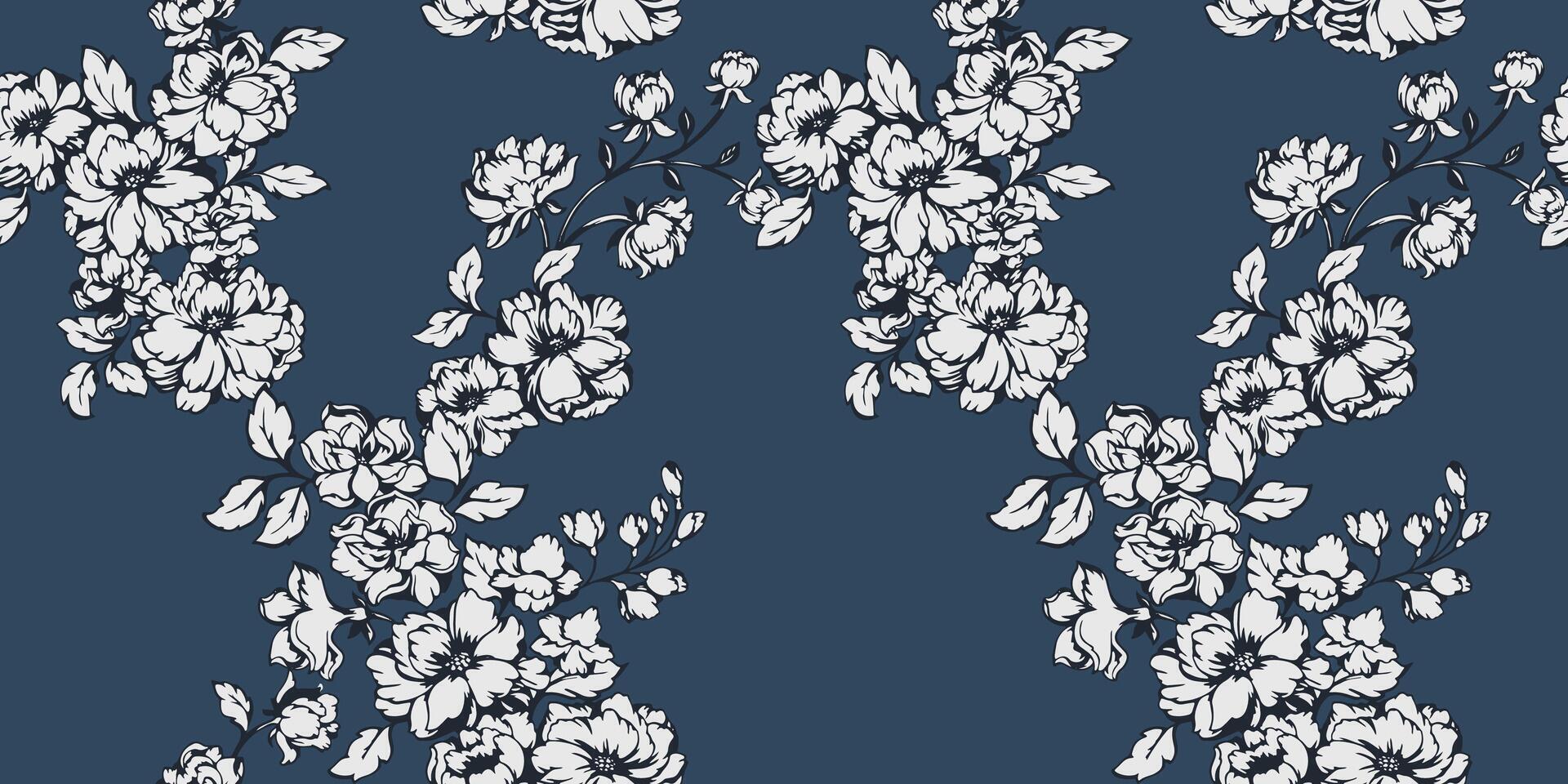 dunkel monoton stilisiert Blumen- nahtlos Muster. abstrakt künstlerisch Geäst Blumen mit Knospen Blätter Hintergrund. Vektor gezeichnet stilisiert Illustration. Vorlage zum Design, Mode, Drucken, Stoff