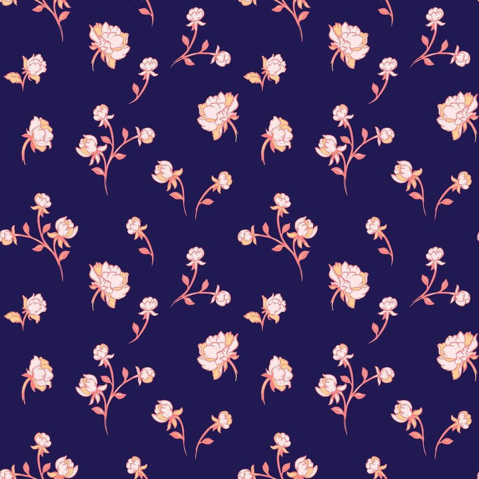 kreativ enkel söt rosenknoppar, ro sömlös mönster på de mörk blå bakgrund. vektor hand dragen skiss abstrakt ditsy mycket liten blommor. collage mall för utskrift, mönstrad, textil, tyg
