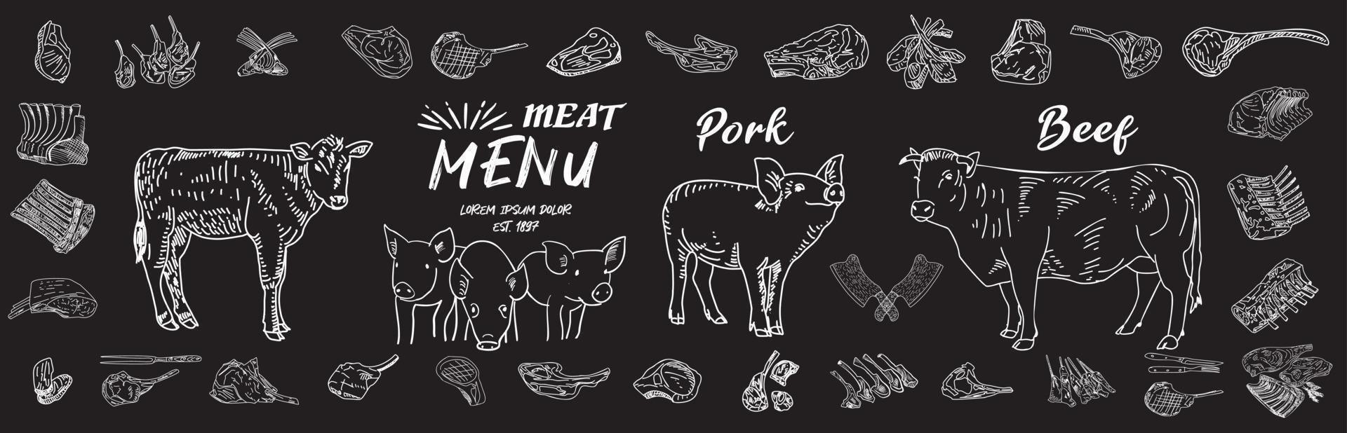 Kollektion von frischen Fleischprodukten. Skizze-Vektor-Illustration. vektor