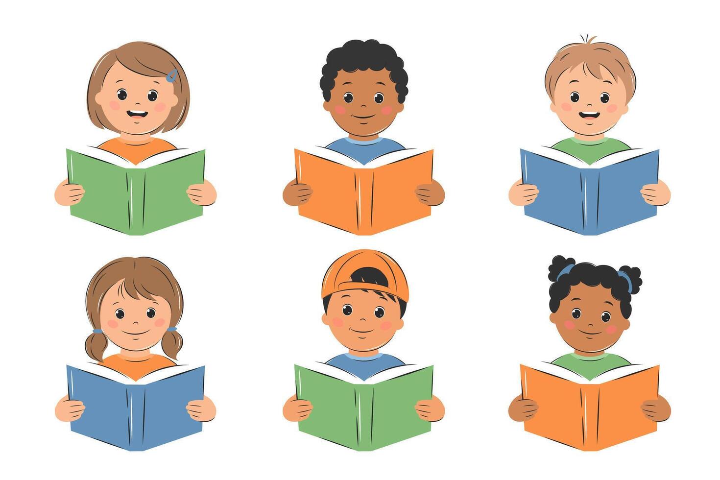 multietnisk Lycklig barn läsning. söt barn Pojkar och flickor. inlärning och kunnighet dag. kunskap och utbildning begrepp. vektor illustration