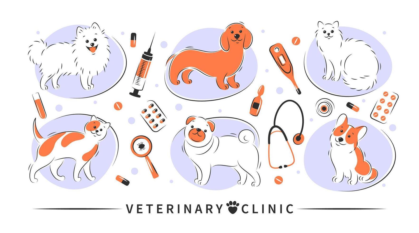 veterinär klinik. uppsättning av verktyg för veterinär sjukhus. djur- vaccination, mediciner, medicinsk undersökning, hälsa kontrollera, behandling. vektor illustration