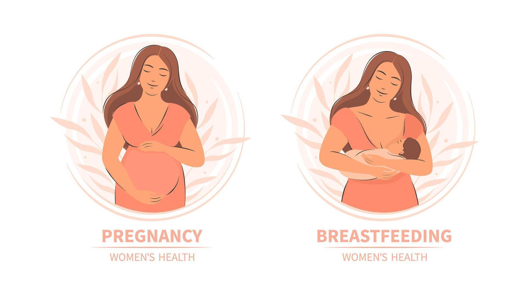 Frau Fütterung Baby. Schwangerschaft, Stillen und Mutterschaft. Frauen Gesundheit. Vektor Illustration.