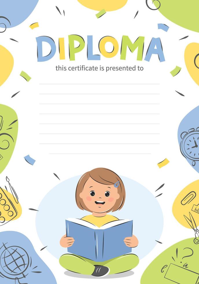 diplom av skola barn, bakgrund med skola förnödenheter. prov elementärt skola barn certifikat. flicka unge läsning bok. vektor illustration