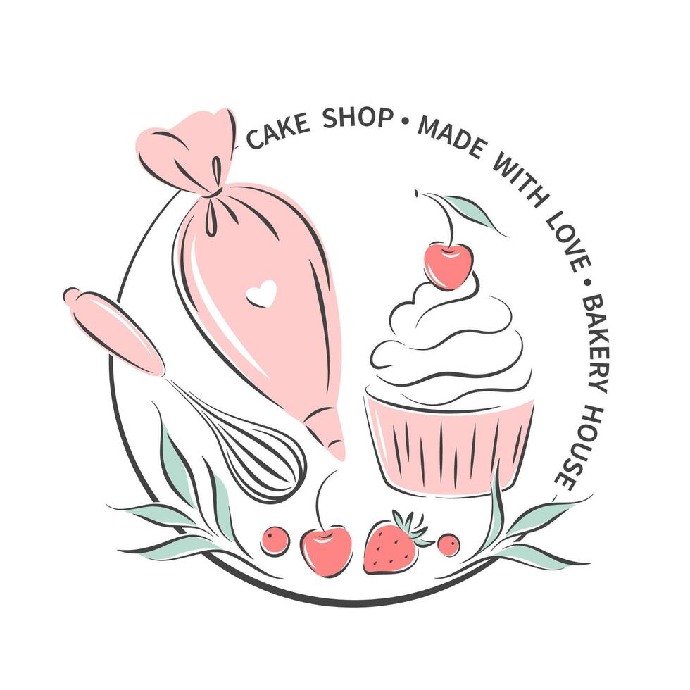 kaka affär logotyp. uppsättning av verktyg för framställning kakor, småkakor och bakverk. vektor illustration för meny, recept bok, bakning affär, Kafé.