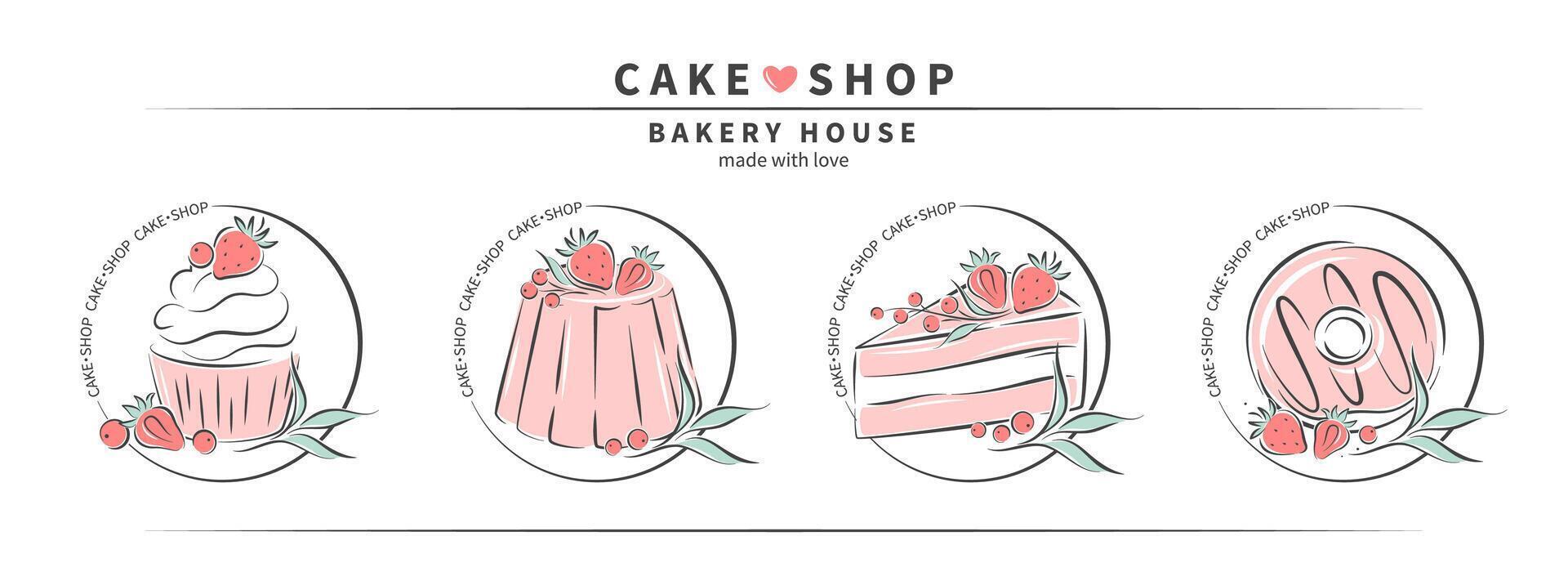 Kuchen Geschäft Logo. Sammlung von anders Dessert zum Gebäck und Brot Geschäft, Kochen, Süss Produkte. einstellen von Kuchen, Cupcakes und Donuts. Vektor Illustration zum Banner, Speisekarte, Werbung.