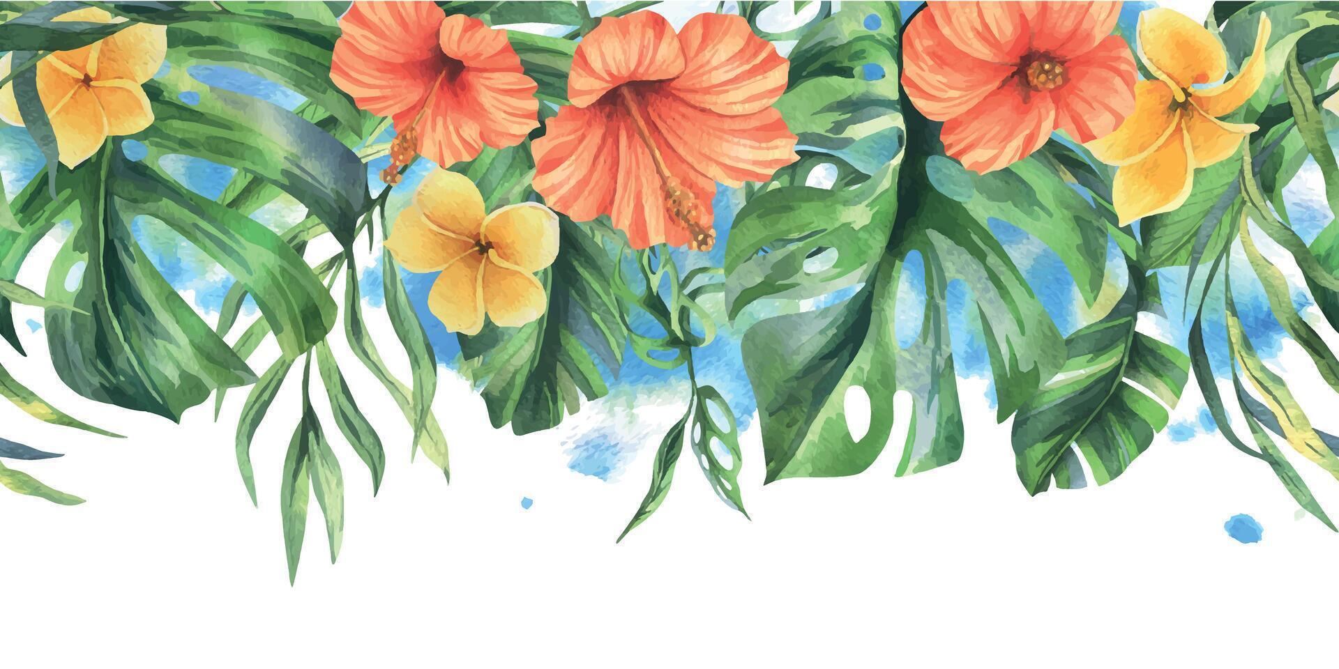 tropisk handflatan löv, monstera och blommor av plumeria, hibiskus, ljus saftig. hand dragen vattenfärg botanisk illustration. sömlös gräns är isolerat från de bakgrund vektor