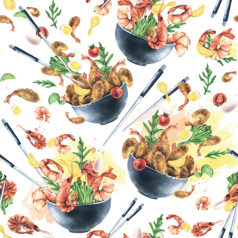 Garnele mit Gemüse im Keramik Schalen schwebend. Aquarell Illustration. nahtlos Muster auf ein Weiß Hintergrund von das Garnele Sammlung. zum das Design und Design von Menüs und Rezepte vektor