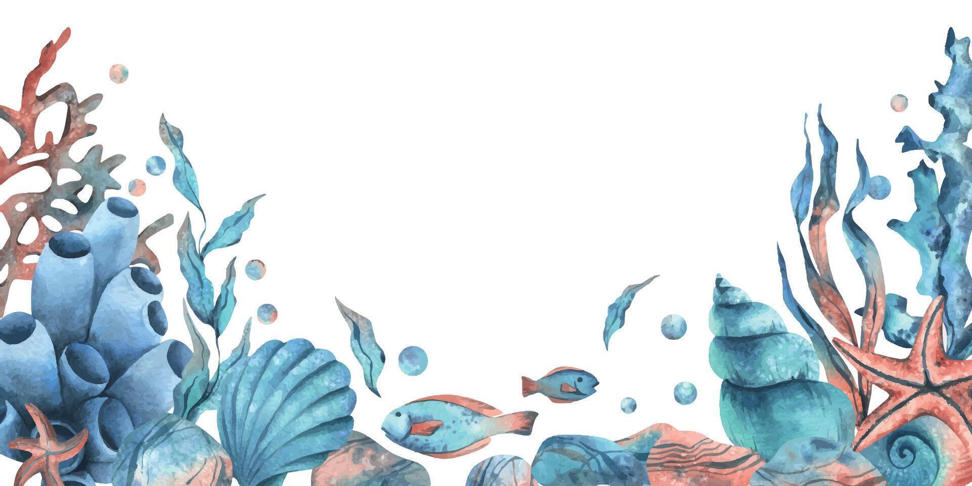 unter Wasser Welt Clip Art mit Meer Tiere Wal, Schildkröte, Krake, Seepferdchen, Seestern, Muscheln, Koralle und Algen. Hand gezeichnet Aquarell Illustration. Grenze, Vorlage, Rahmen isoliert von das Hintergrund. vektor