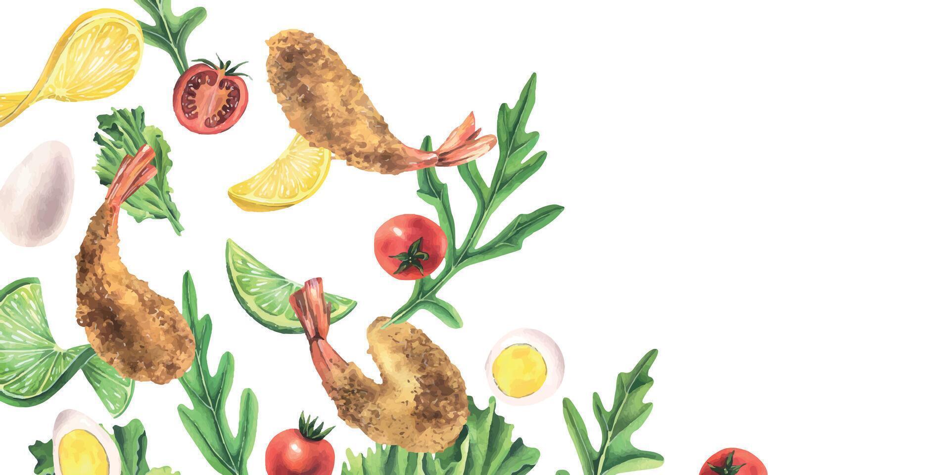 Garnele Fritten mit schweben Zutaten. Rucola, Wachtel Eier, Kirsche Tomaten, Kalk, Zitrone. Aquarell Illustration. Komposition von das Garnele Sammlung. zum das Design von Menüs, Rezepte, Salate. vektor