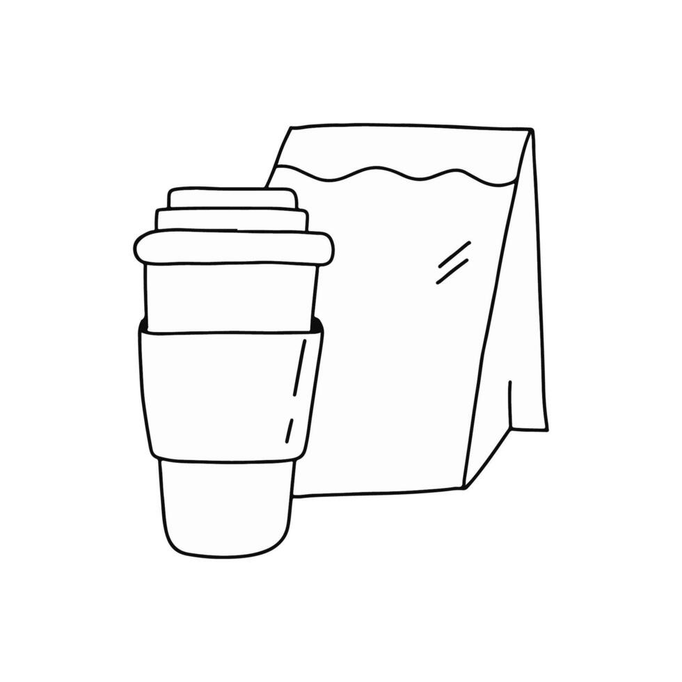 ritad för hand klotter av en ta ut kaffe kopp och papper väska på vit bakgrund vektor