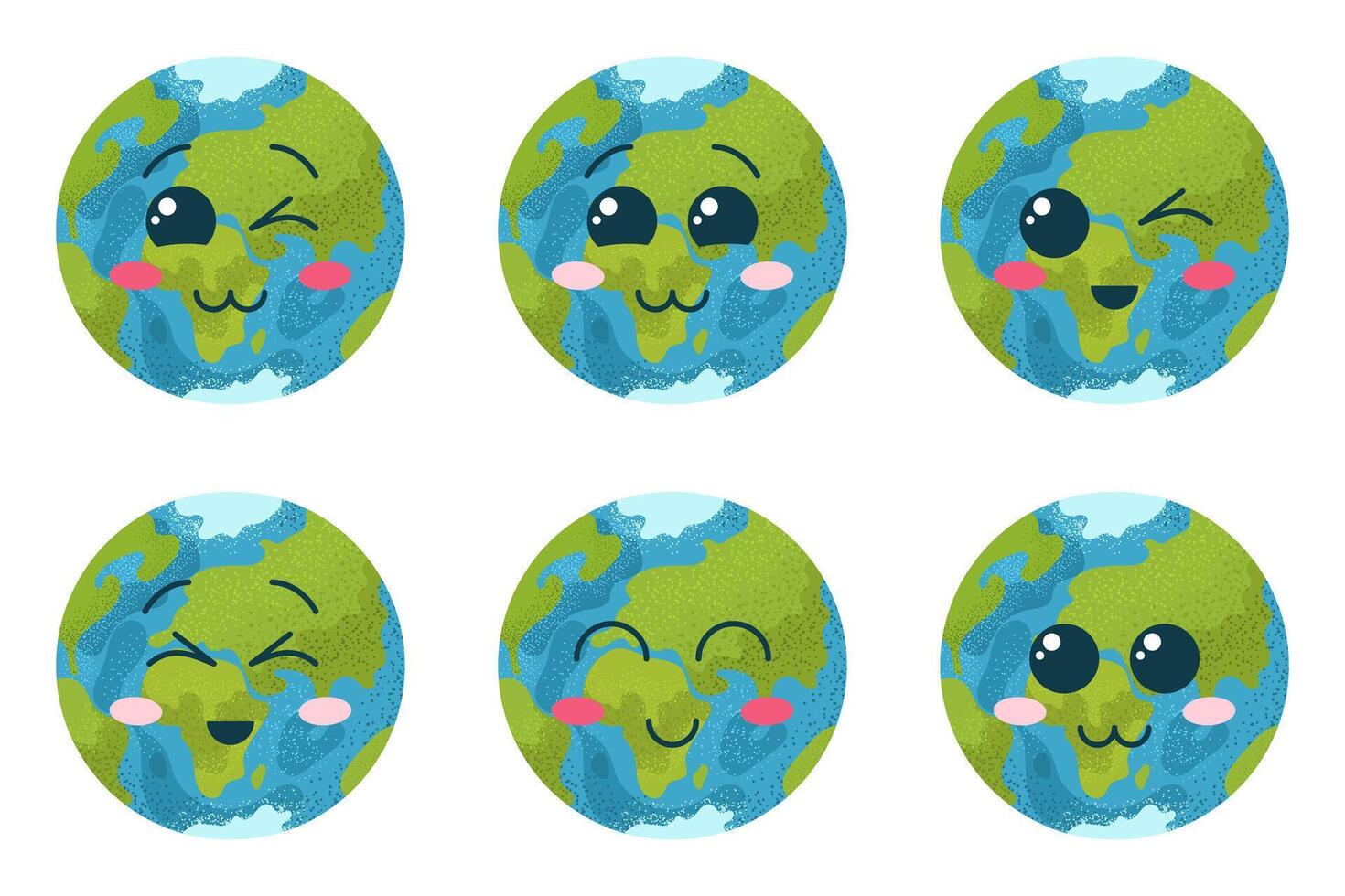 glücklich Erde Tag. einstellen von eben Emoji Planet Erde. bündeln mit Maskottchen Erde Symbole mit Gesichter. isoliert Vektor Abbildungen auf Weiß Hintergrund. Karikatur Vektor Clip Kunst mit kawaii Planet.