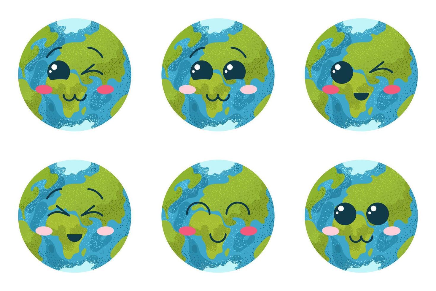 Lycklig jord dag. uppsättning av platt emoji planet jorden. bunt med maskot jord ikoner med ansikten. isolerat vektor illustrationer på vit bakgrund. tecknad serie vektor klämma konst med söt planet.