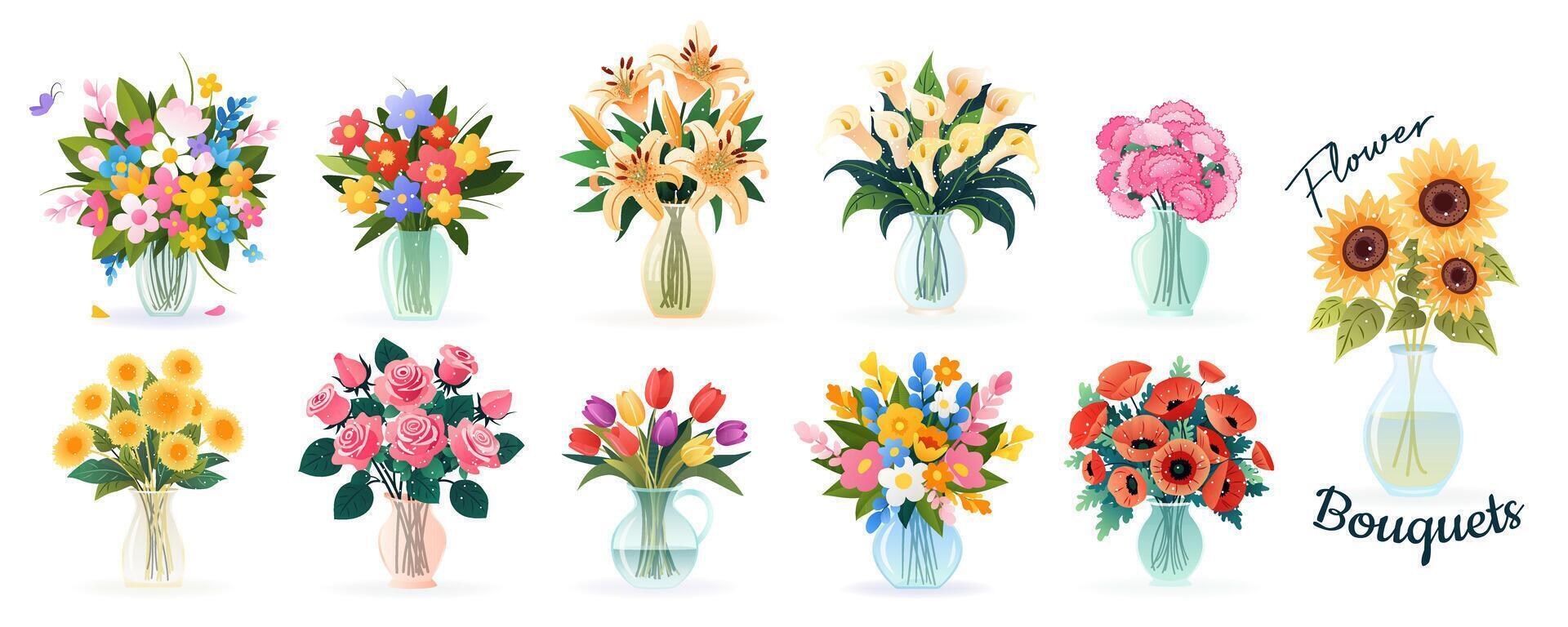 einstellen von Blumensträuße im Vasen mit Frühling und Sommer- verschiedene Blumen, isoliert Vektor Abbildungen auf Weiß zum Geburtstag Einladungen, Damen Tag, Mutter Tag, Hochzeit Karten. Blumen- Design, Clip Art.