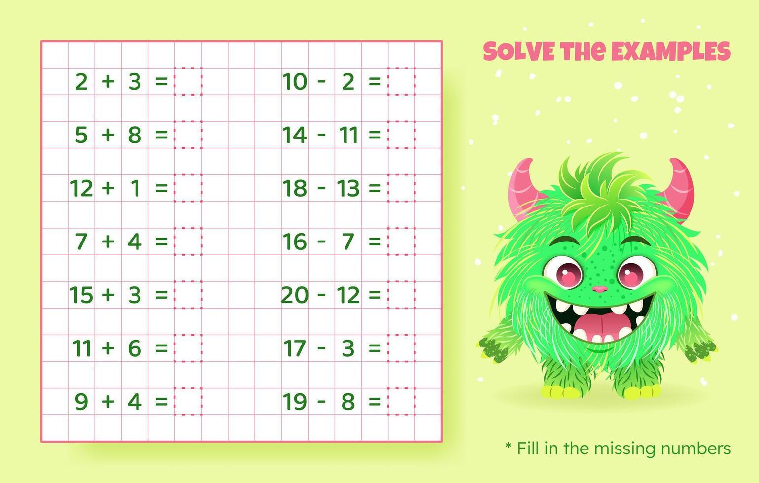 lösa de exempel. tillägg och subtraktion upp till 20. matematisk pussel spel. kalkylblad för skola, förskola ungar. vektor illustration. tecknad serie pedagogisk spel med söt monster för barn.