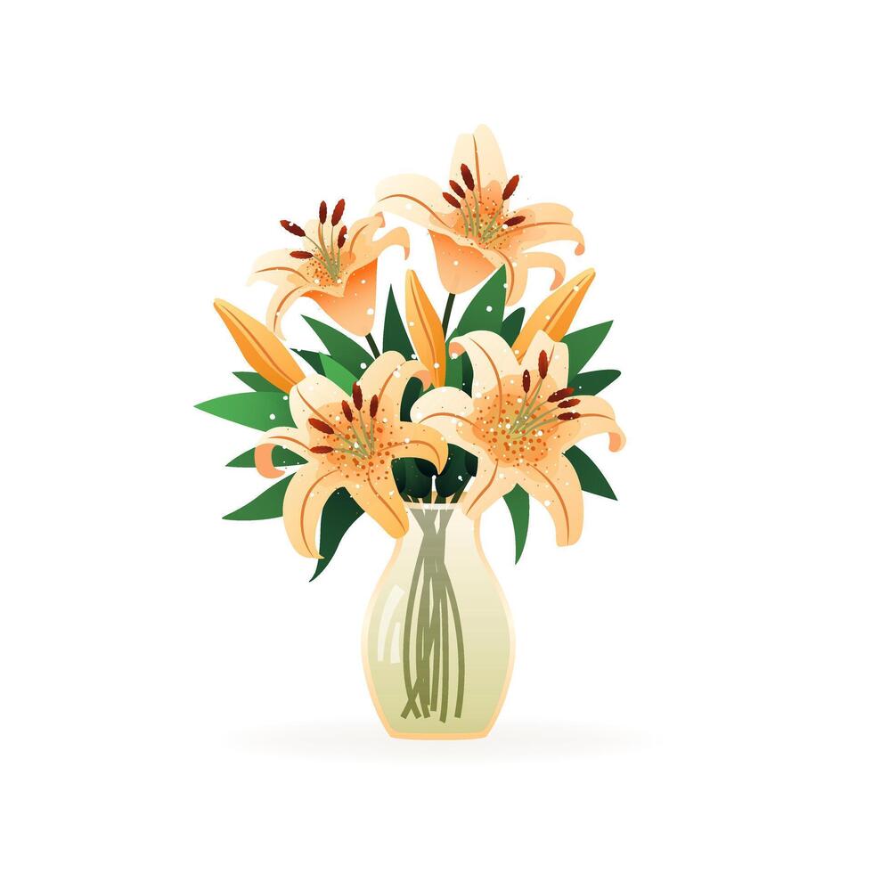 Strauß von Lilien. Blumen im Vase. isoliert Vektor Illustration auf Weiß Hintergrund. modern Kunst zum Poster, Postkarte, Banner, Karte und usw. Vektor Clip Kunst. Damen Tag, Mutter Tag.