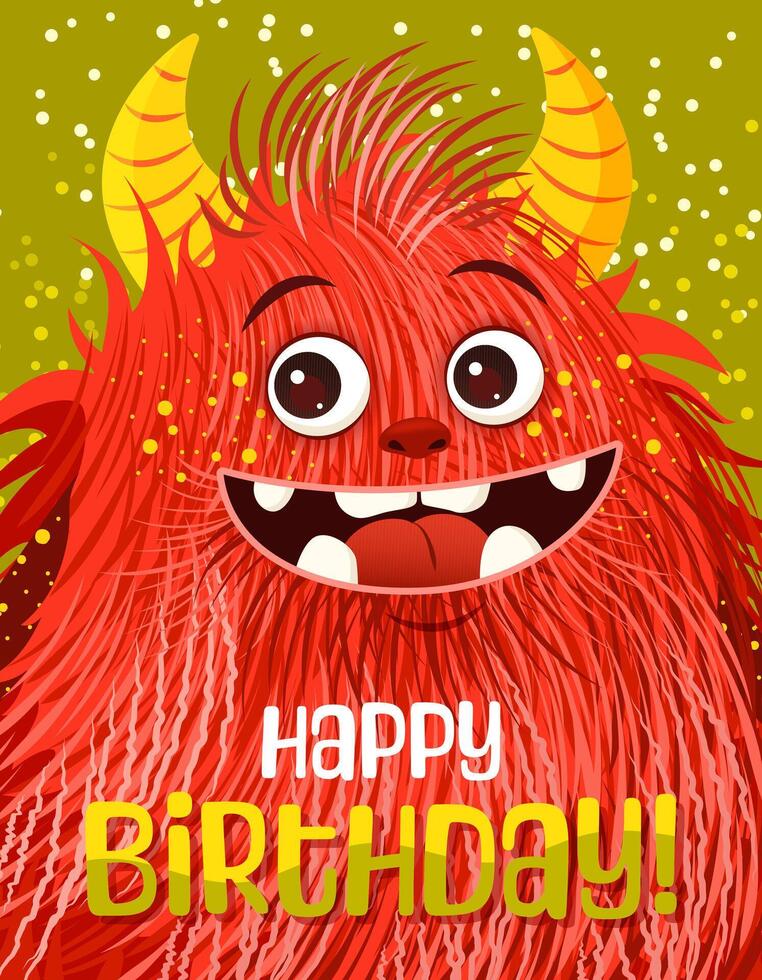 glücklich Geburtstag Gruß Karte oder Monster- Party Einladung. festlich Postkarte mit ein flauschige Karikatur Monster. Vektor Design mit ein süß Kreatur zum Ihre Feier Fall. geschichtet Vorlage.