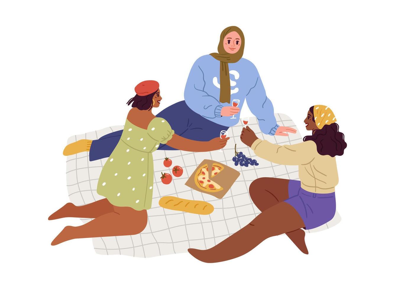Lycklig flick på en picknick. kvinnor avkopplande utomhus och äter pizza. vektor platt illustration.
