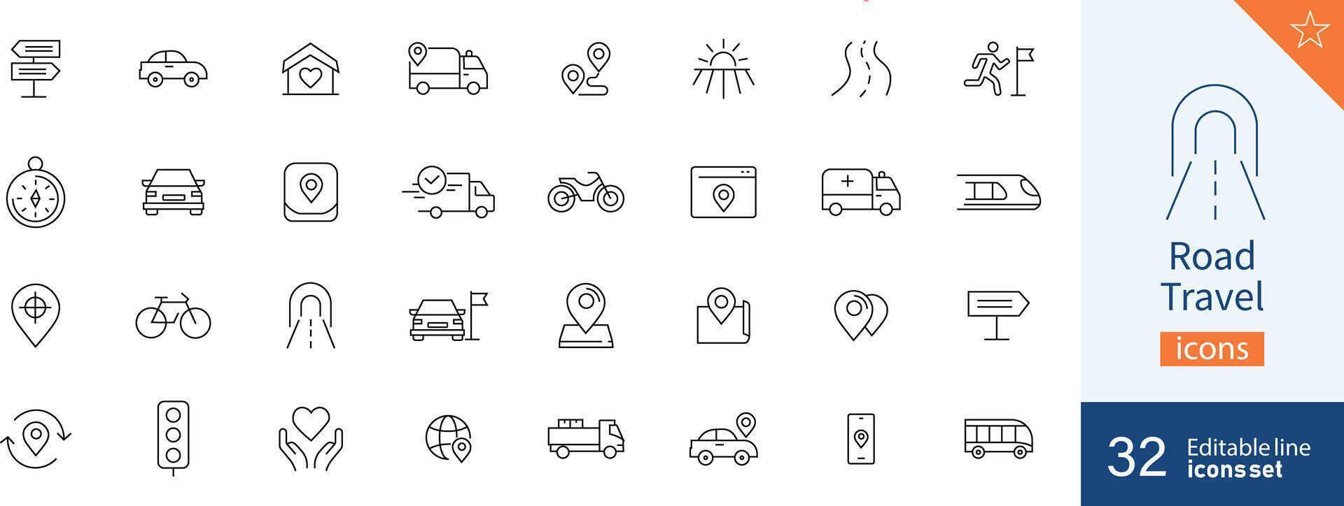 uppsättning av 32 väg resa webb ikoner i linje stil. adress, transport , bil, gående. vektor illustration.