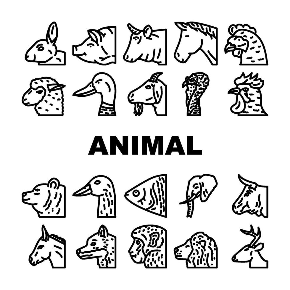 Tier Zoo Haustier Gesicht Bauernhof Symbole einstellen Vektor
