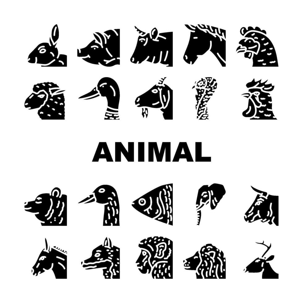 Tier Zoo Haustier Gesicht Bauernhof Symbole einstellen Vektor