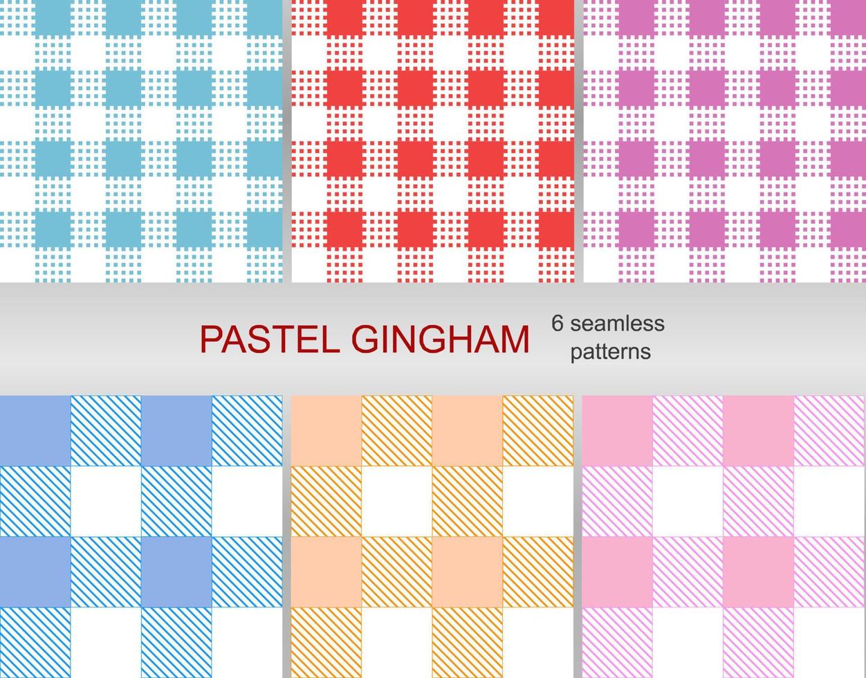 Set mit 6 Ginghammuster-Set. nahtlose Muster. abstrakte geometrische Hintergründe. traditionelles klassisches Gingham-Tischdeckenmuster. Kleid, Rock, Serviette oder andere Osterferien Textildesign.vector. vektor