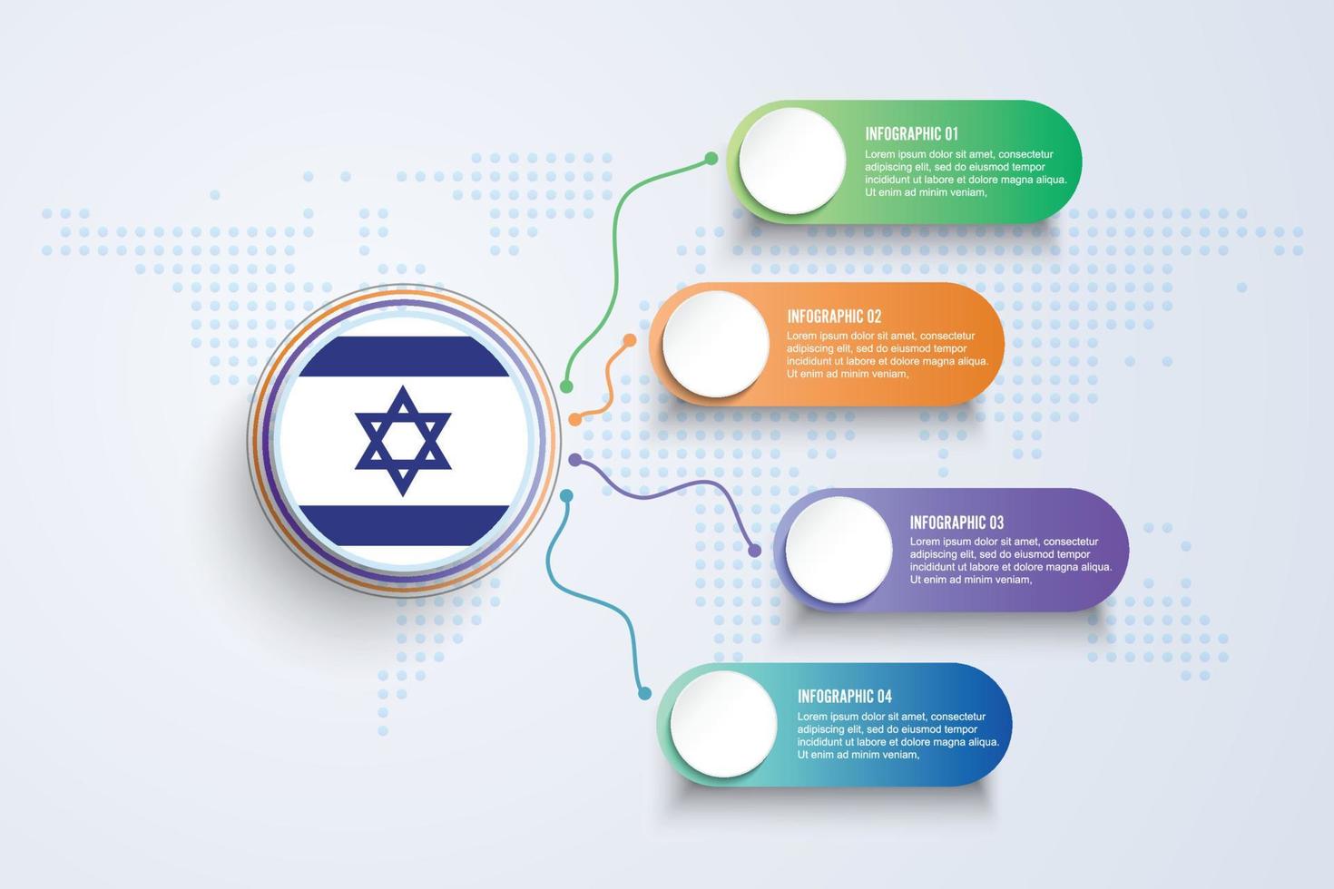 Israel flagga med infographic design isolerad på dot världskartan vektor