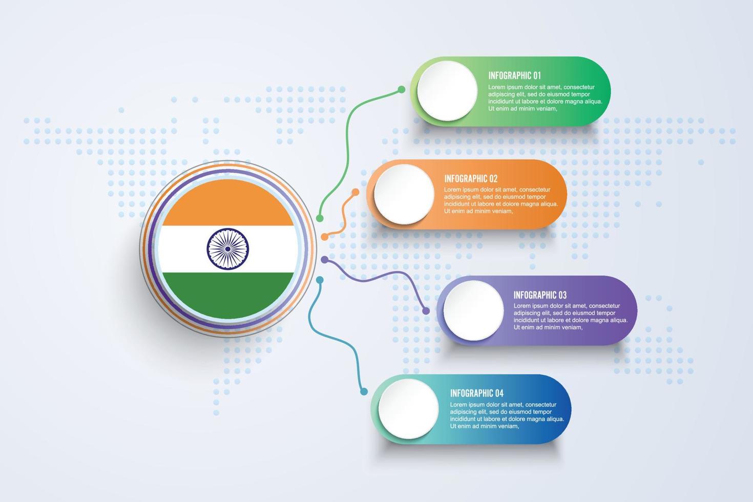 Indien flagga med infographic design isolerad på dot världskartan vektor