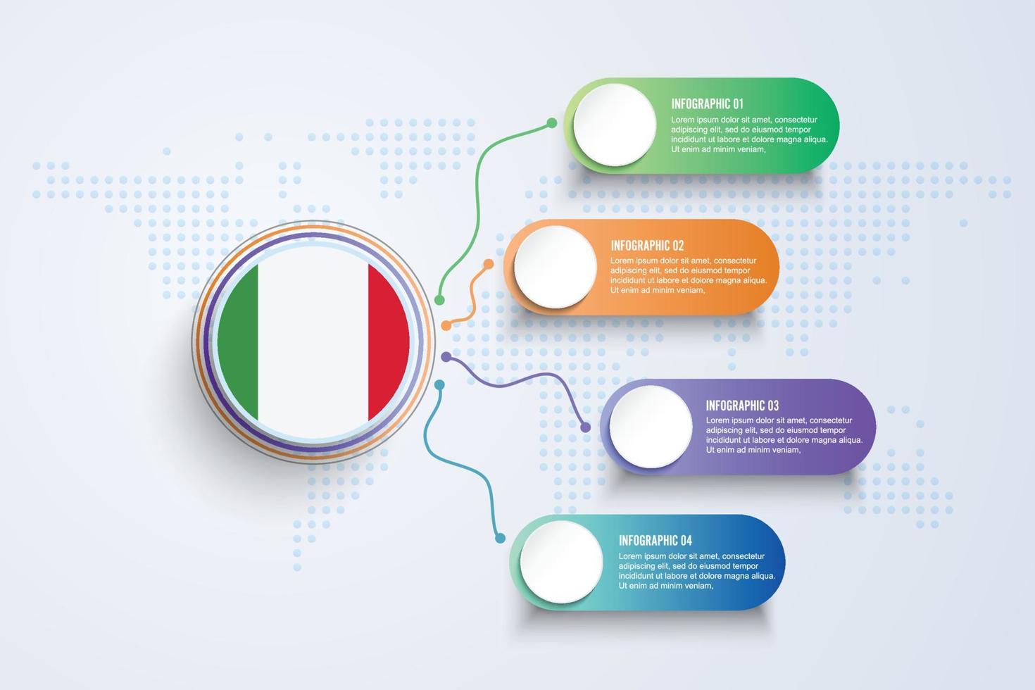 Italien-Flagge mit Infografik-Design isoliert auf Punktweltkarte vektor