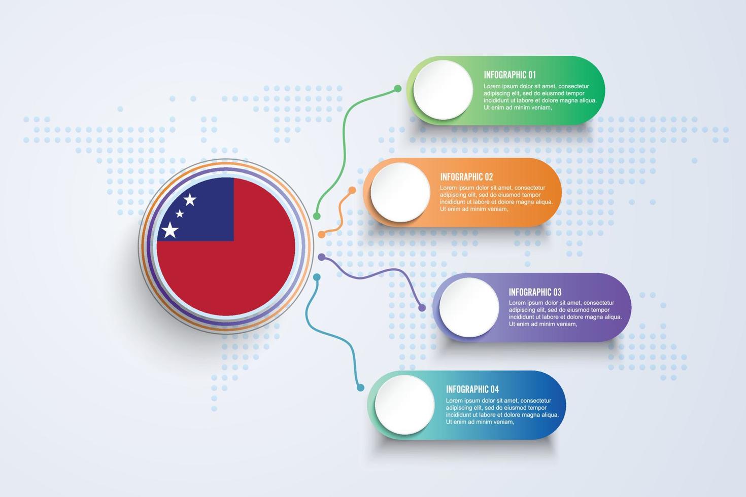 Samoa-Flagge mit Infografik-Design isoliert auf Punktweltkarte vektor