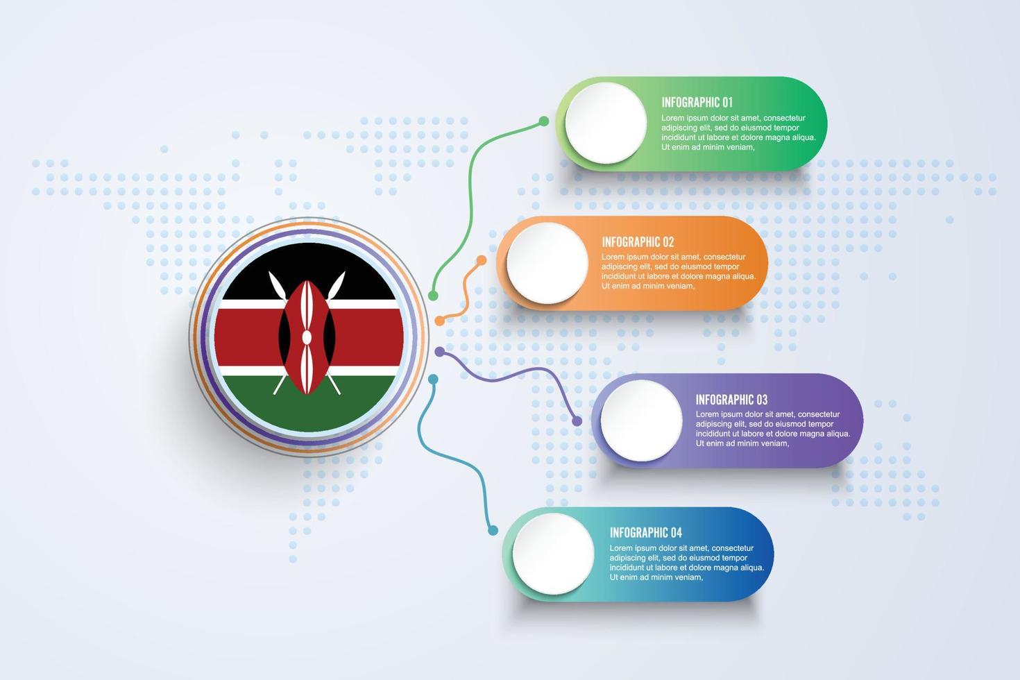 kenya flagga med infographic design isolerad på dot världskartan vektor