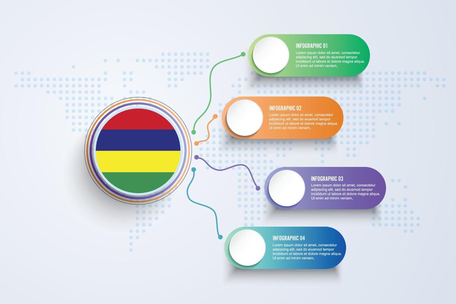 Mauritius flagga med infographic design isolerad på dot världskartan vektor