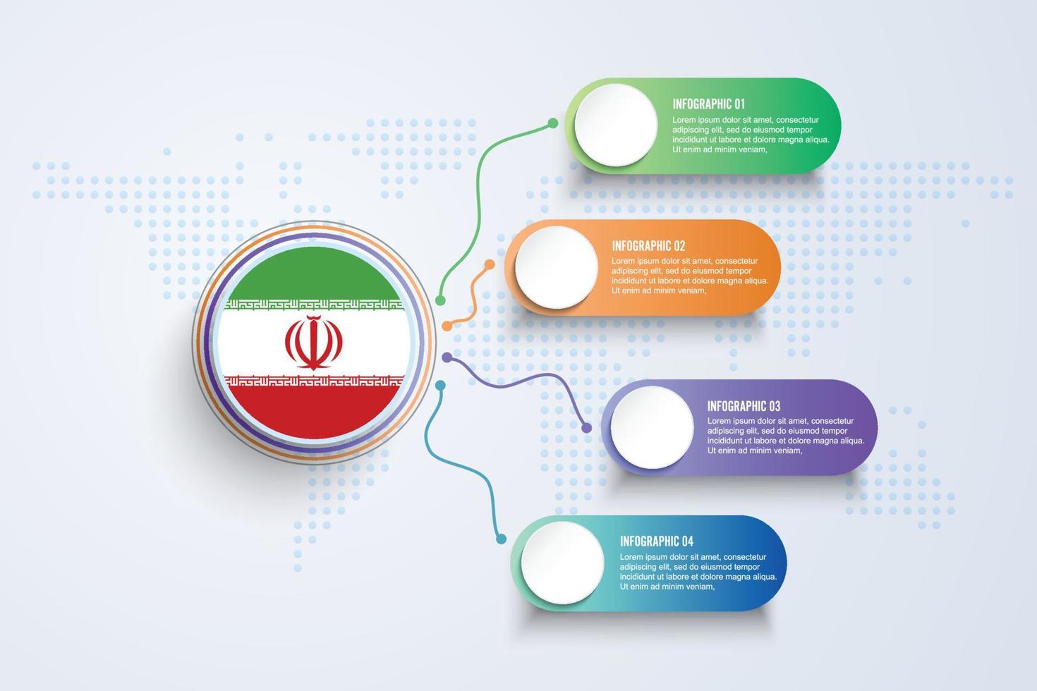 Iran-Flagge mit Infografik-Design isoliert auf Punkt-Weltkarte vektor