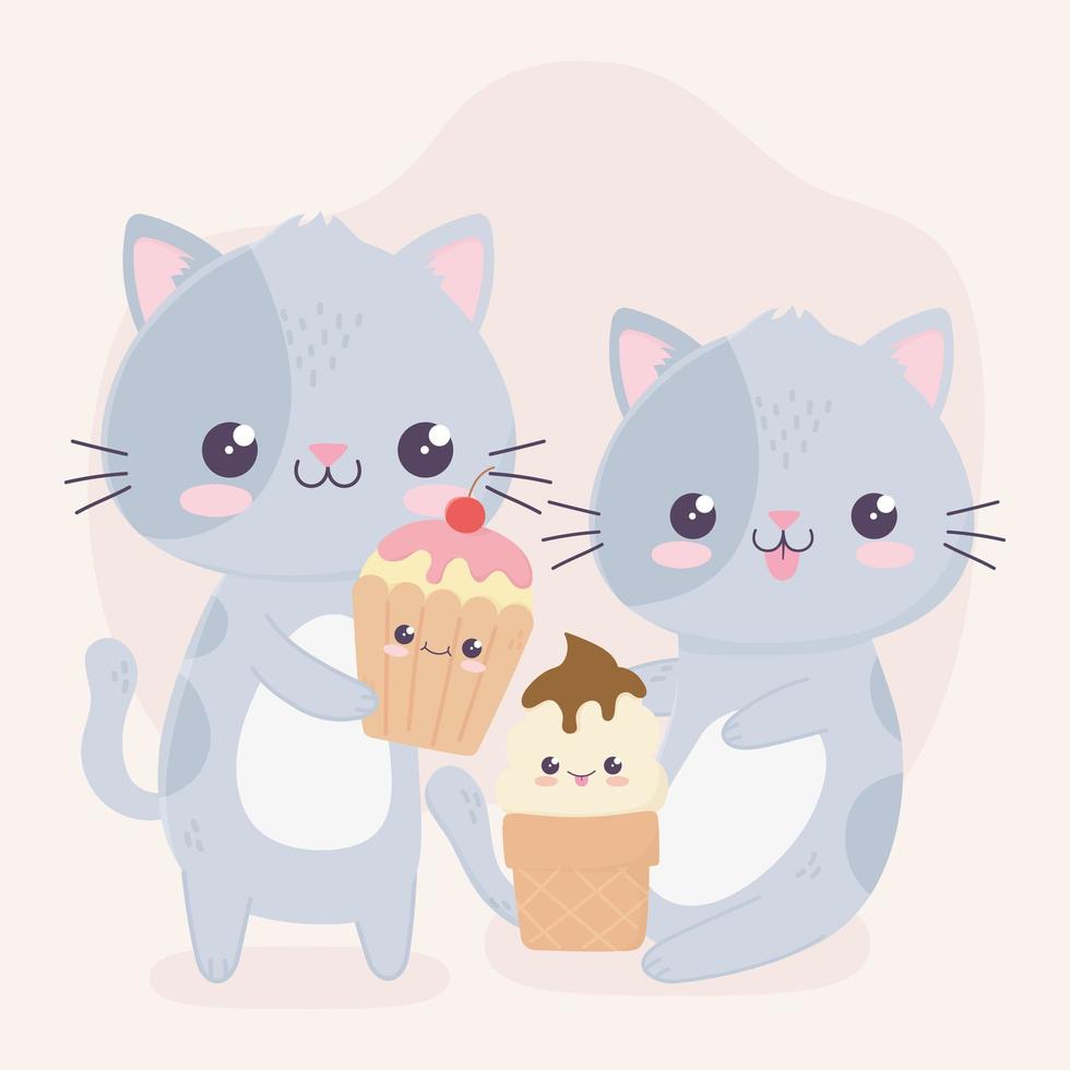 süße kleine Katzen mit Eis und Cupcake Kawaii Zeichentrickfigur vektor