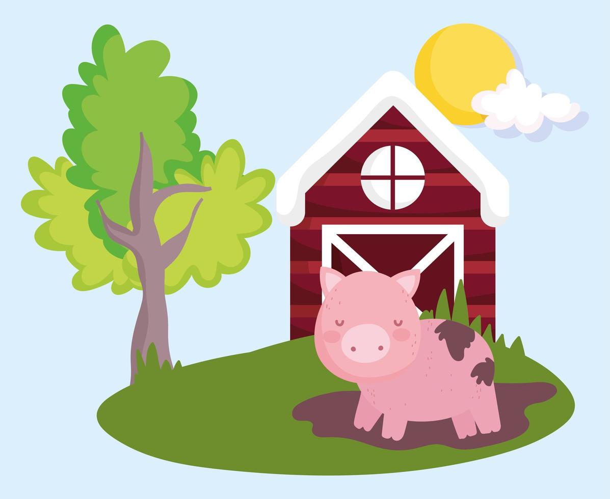 Nutztiere Schwein im Schlamm Scheunenbaum Gras Cartoon vektor