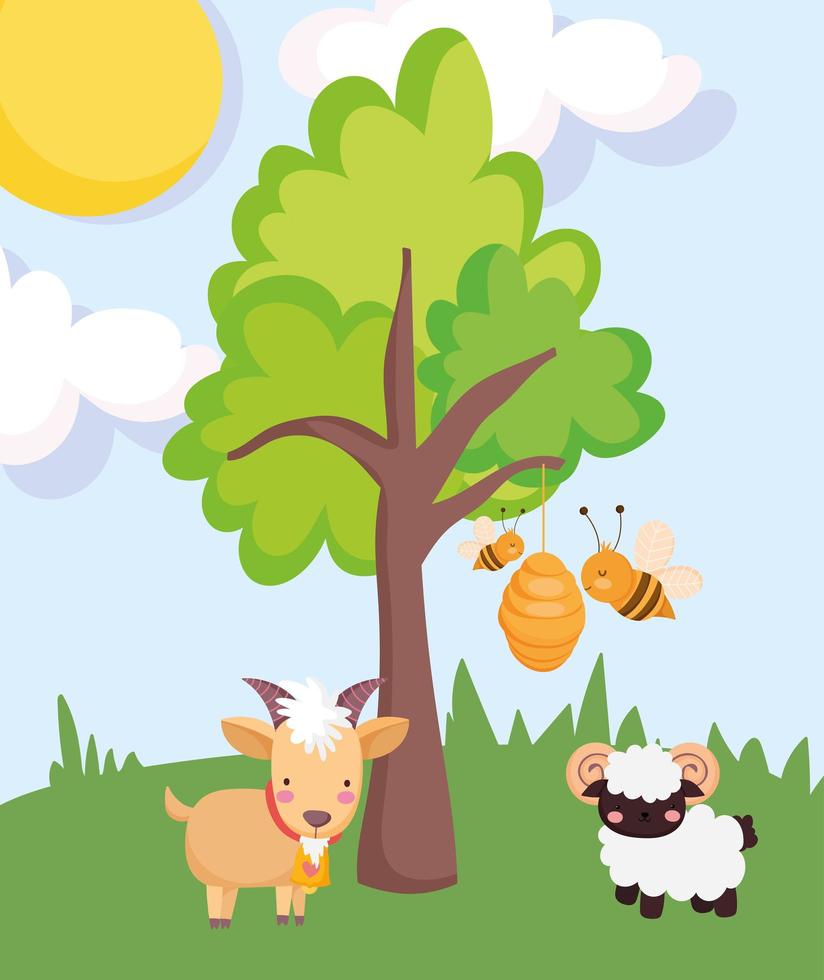 Nutztiere Ziegenbock und Bienen im Bienenstockbaum-Cartoon vektor