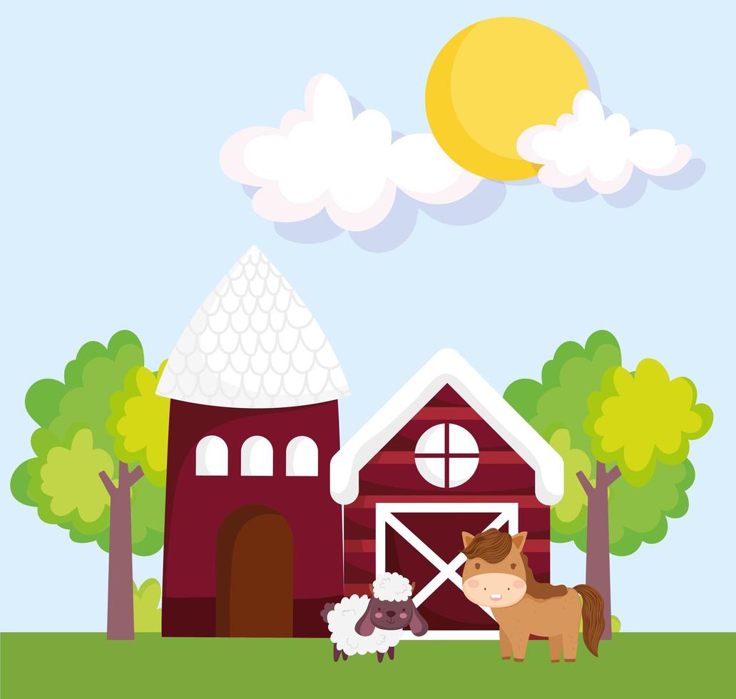 Nutztiere Scheunenhaus Pferd und Ziege Bäume Gras Cartoon vektor