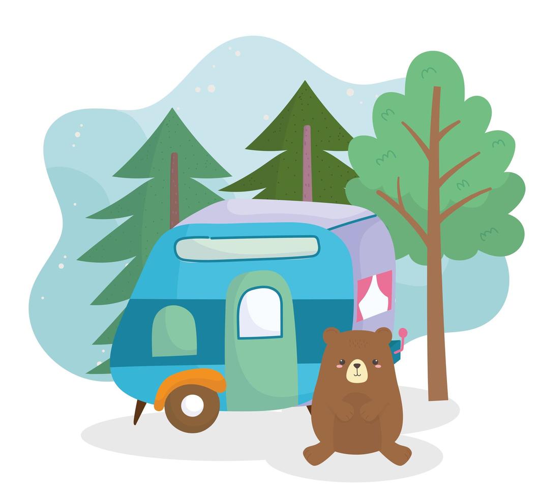 camping söt björn släpvagn tallar skog tecknad vektor