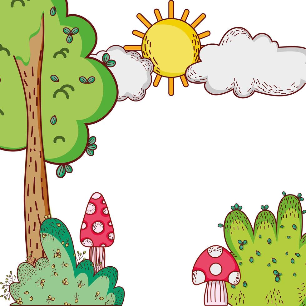 baum büsche sonne wolken natur cartoon vektor