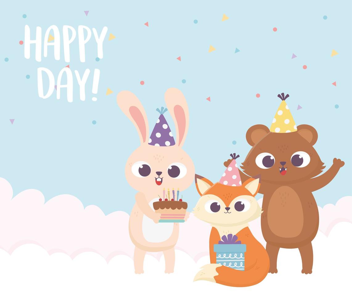 Happy Day, Bärenfuchs Kaninchen mit Party Hut Kuchen und Geschenk vektor
