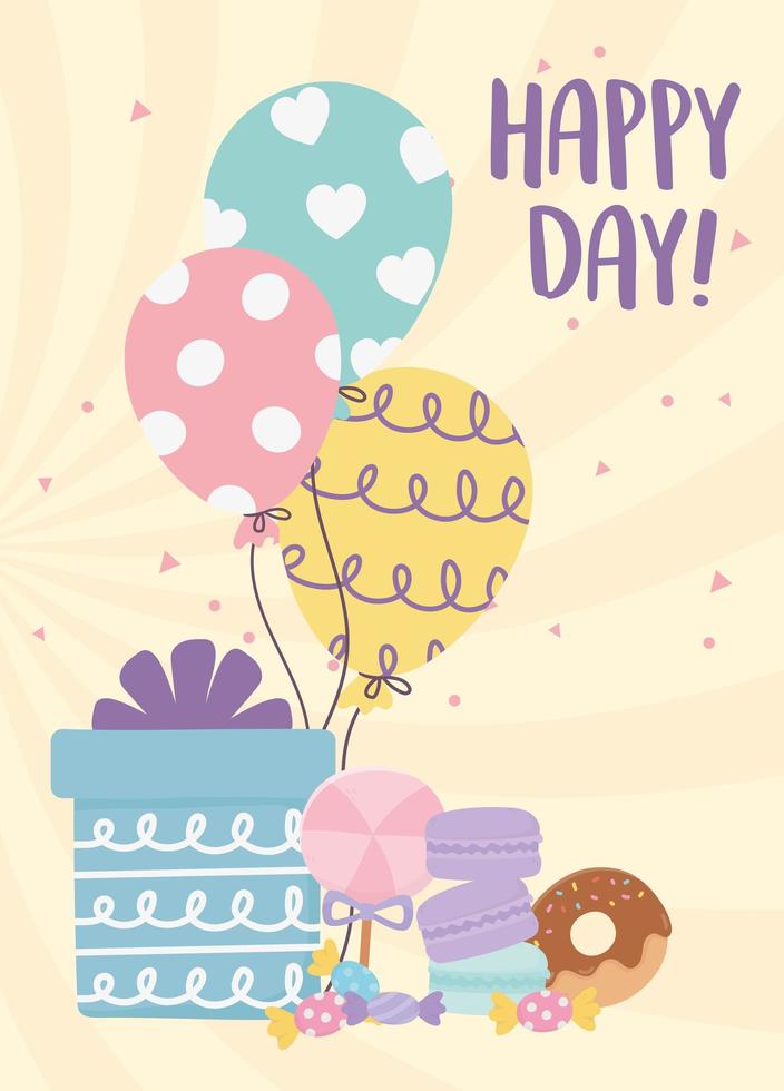 Happy Day, Geschenk Luftballons Donut Karamell Kekse Cartoon vektor