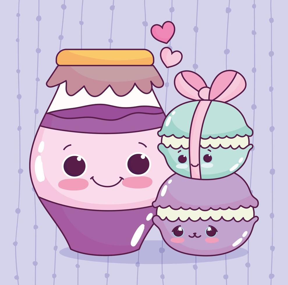 Süßes Essen Macarons und Glas mit Marmelade süßen Dessert Gebäck Cartoon vektor