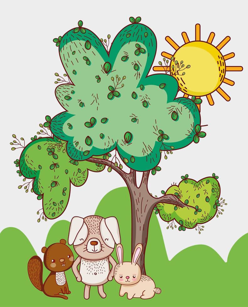 söta djur, ekorre kanin och hund gräs träd sol tecknad vektor