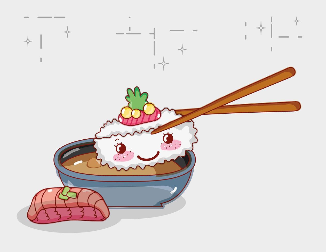 Kawaii Reisrolle in Stick und Fisch mit Wasabi-Essen japanischer Cartoon, Sushi und Brötchen vektor