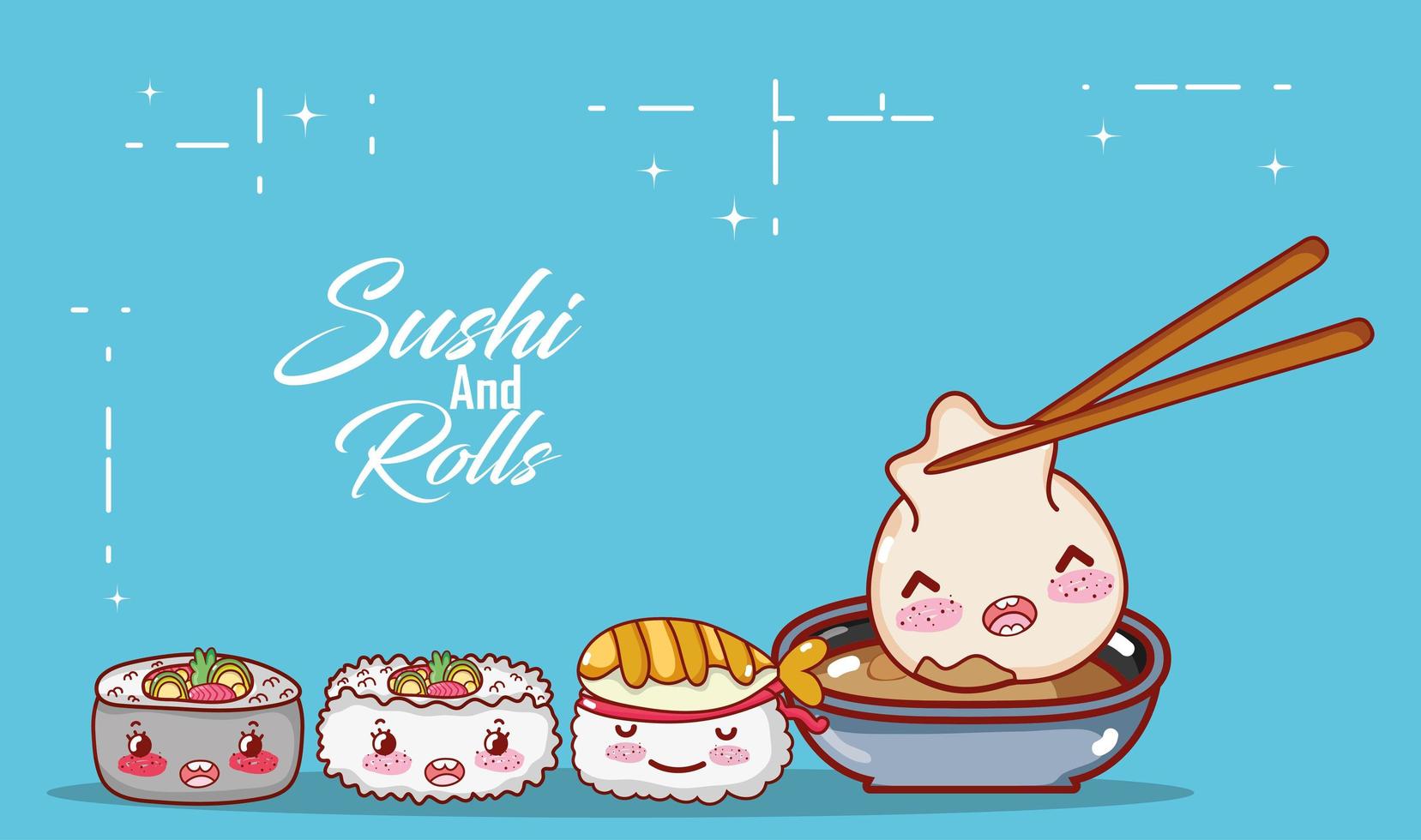 Kawaii Knödel in Sauce Shushi Reissuppe Essen japanischer Cartoon, Sushi und Brötchen vektor