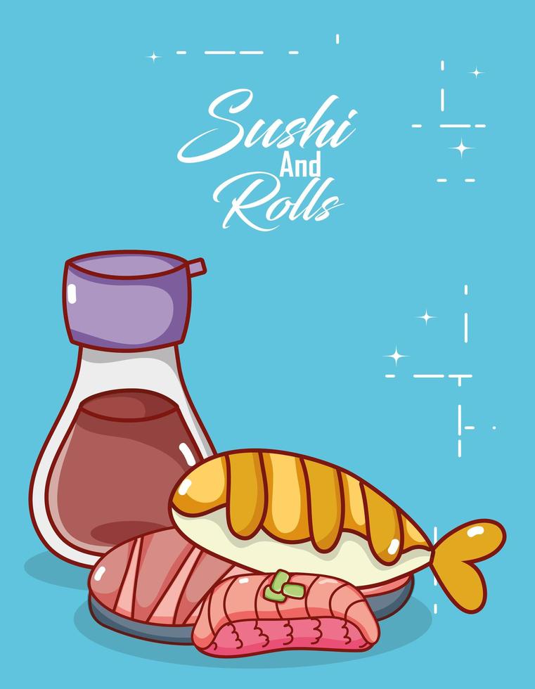 kawaii sake fisk kött mat japansk tecknad film, sushi och rullar vektor