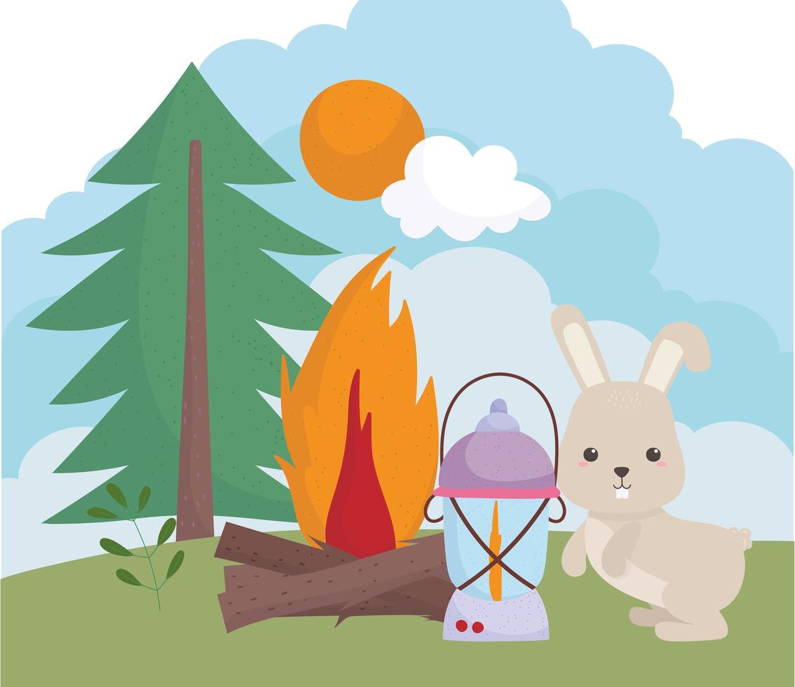 Camping niedliche Kaninchen Laterne Lagerfeuer Baum Sonne Wolken Cartoon vektor