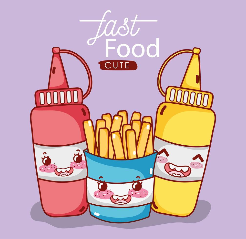 Fast Food niedlichen Pommes Frites Senf und Tomatensauce Cartoon vektor