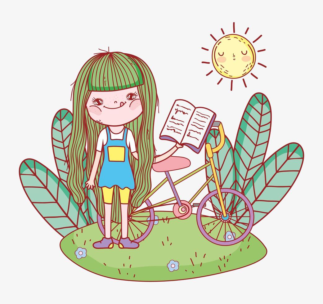 süßes Mädchen liest Buch mit Fahrrad im Park vektor