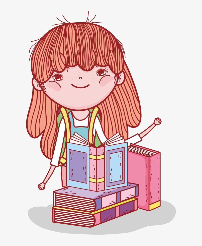 söt liten flicka med böcker studera litteratur tecknad vektor