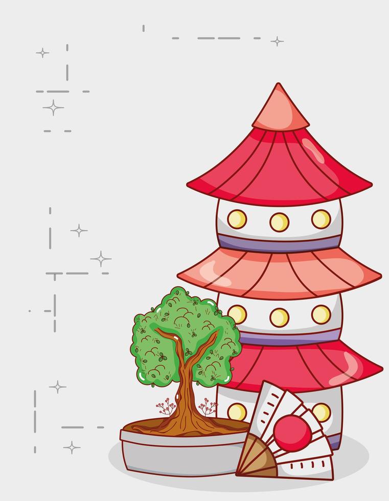 Pagodenfächer und Bonsai-Baum japanischer Cartoon vektor